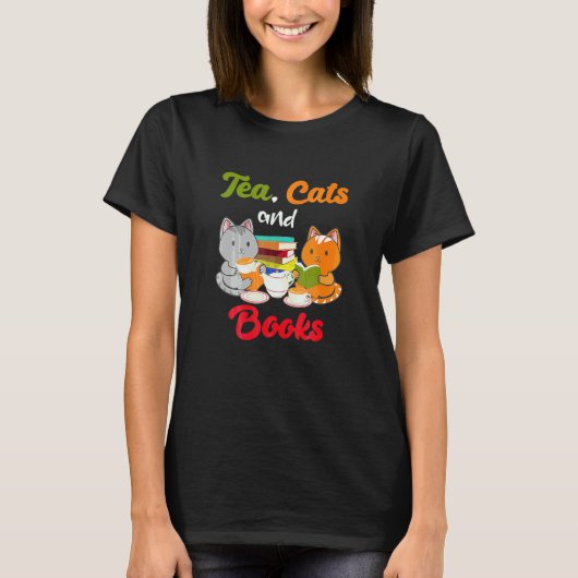 Ea 猫と本 猫 本の虫 Ea 飲む猫 飼い主 Tシャツ (正面)