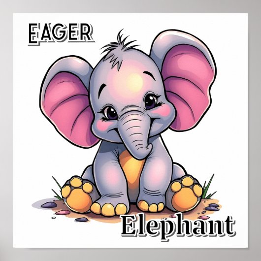 Eager Elephant | かわいいキャラクターの子供部屋アート ポスター (正面)