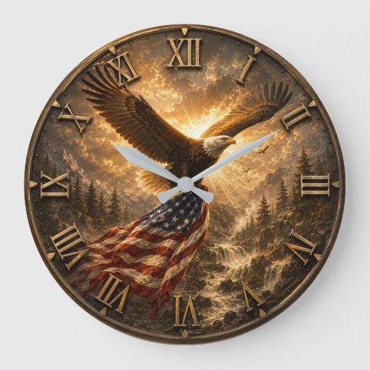 Eagle American Flag Patriotic Rustic ラージ壁時計 (正面)