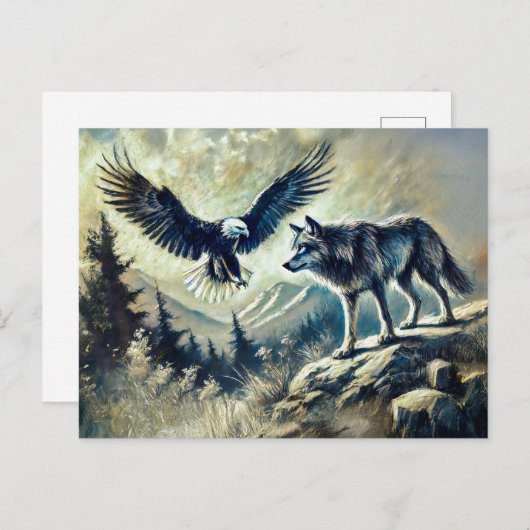 Eagle and Wolf in Wild Landscape ポストカード (正面/裏面)