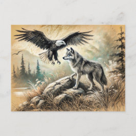 Eagle and Wolf in Wild Landscape ポストカード