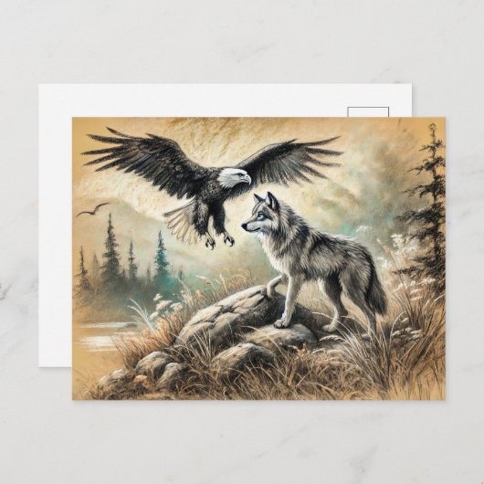 Eagle and Wolf in Wild Landscape ポストカード (正面/裏面)