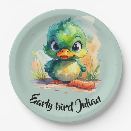 Early bird, kleine grüne Ente fängt den Wurm ペーパープレート (正面)
