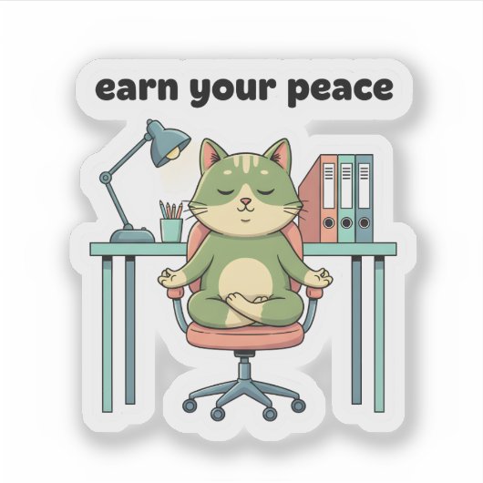 Earn Your Peace Sticker – Mindful Office Cat シール (正面)