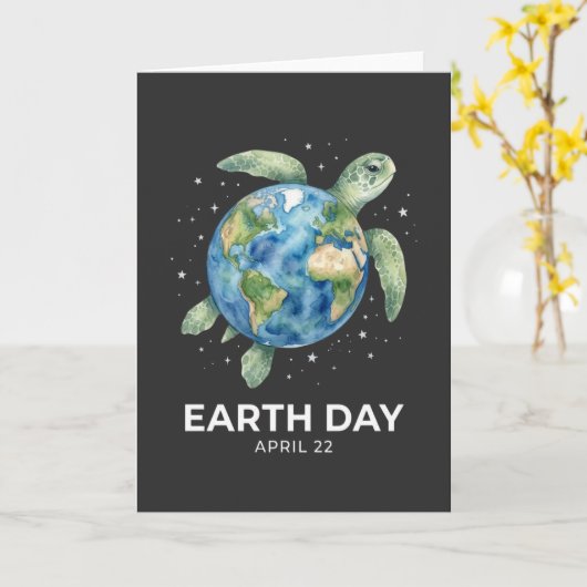 Earth Day April 22 turtle slogan save ocean  カード (黄色い花)