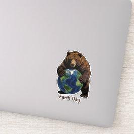 Earth Day Bear Hugging Planet Design シール