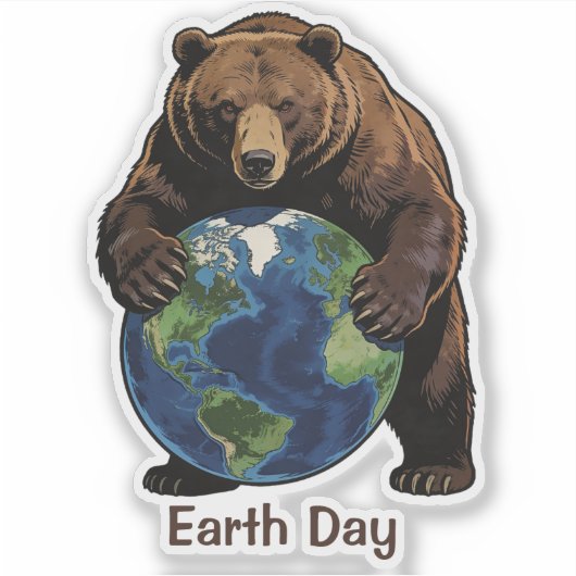 Earth Day Bear Hugging Planet Design シール (正面)