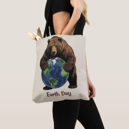 Earth Day Bear Hugging Planet Design トートバッグ