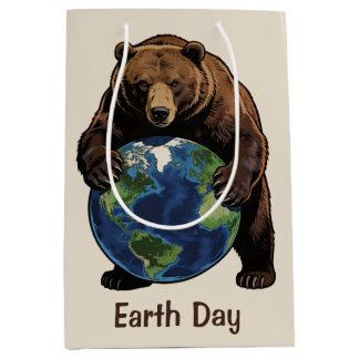 Earth Day Bear Hugging Planet Design ミディアムペーパーバッグ