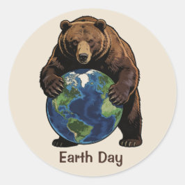 Earth Day Bear Hugging Planet Design ラウンドシール