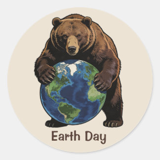 Earth Day Bear Hugging Planet Design ラウンドシール