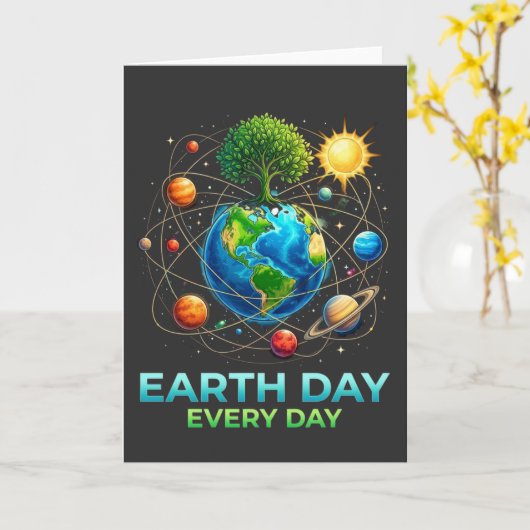 Earth Day Every Day Planet Earth Solar System Tree カード (黄色い花)