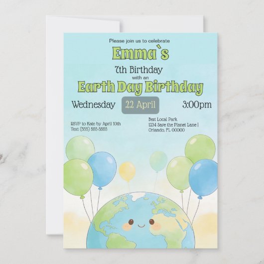 Earth Day Kids Birthday 招待状 (正面)