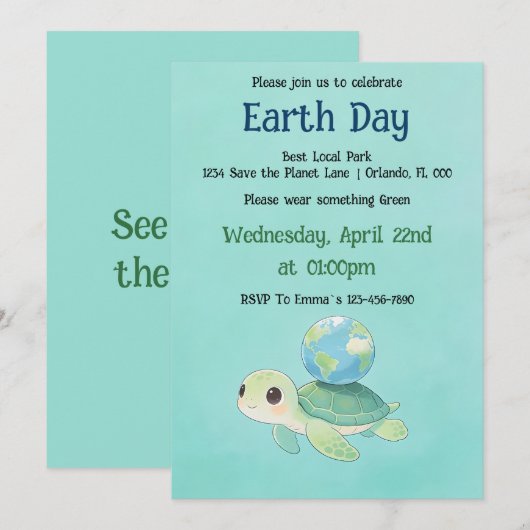 Earth Day Turtle with Globe 招待状 (正面/裏面)