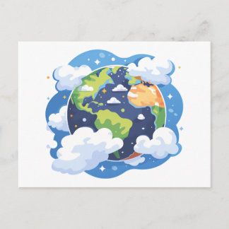  Earth Illustration with Clouds in Space シーズンポストカード