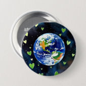 Earth Love Button - Planet with Green Hearts Pin 缶バッジ (正面&裏面)