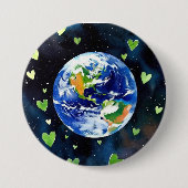 Earth Love Button - Planet with Green Hearts Pin 缶バッジ (正面)