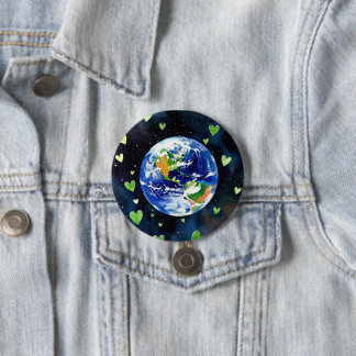 Earth Love Button - Planet with Green Hearts Pin 缶バッジ