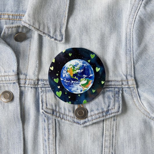 Earth Love Button - Planet with Green Hearts Pin 缶バッジ (インサイチュ)