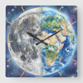 Earth & Moon Watercolor Galaxy Celestial Design スクエア壁時計 (正面)