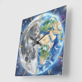 Earth & Moon Watercolor Galaxy Celestial Design スクエア壁時計 (傾斜)