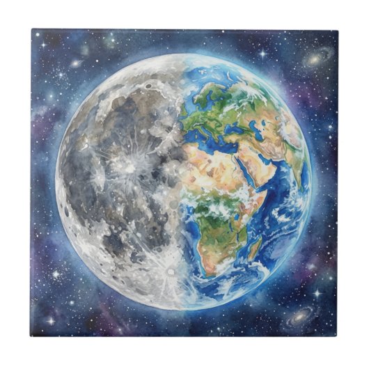 Earth & Moon Watercolor Galaxy Celestial Design タイル (正面)