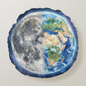 Earth & Moon Watercolor Galaxy Celestial Design ラウンドクッション (正面)