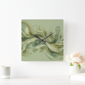 Earth Song Flowing Abstract Sage & Olive Greens スクエア壁時計 (ホーム)