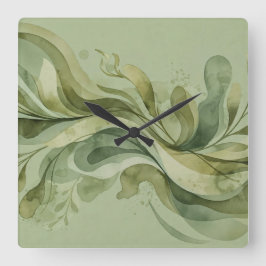 Earth Song Flowing Abstract Sage & Olive Greens スクエア壁時計
