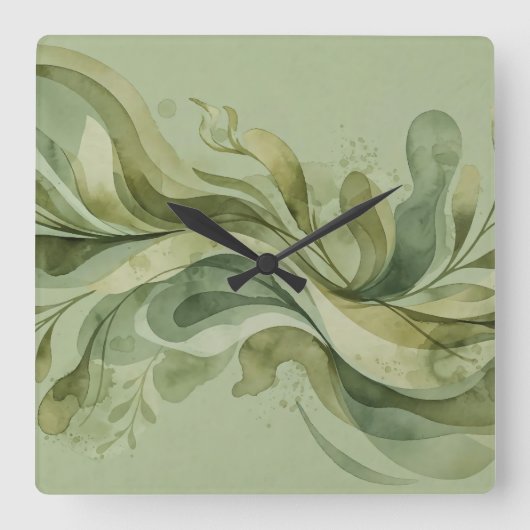 Earth Song Flowing Abstract Sage & Olive Greens スクエア壁時計 (正面)