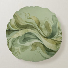 Earth Song Flowing Abstract Sage & Olive Greens ラウンドクッション
