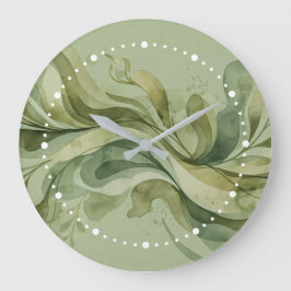 Earth Song Flowing Abstract Sage & Olive Greens ラージ壁時計