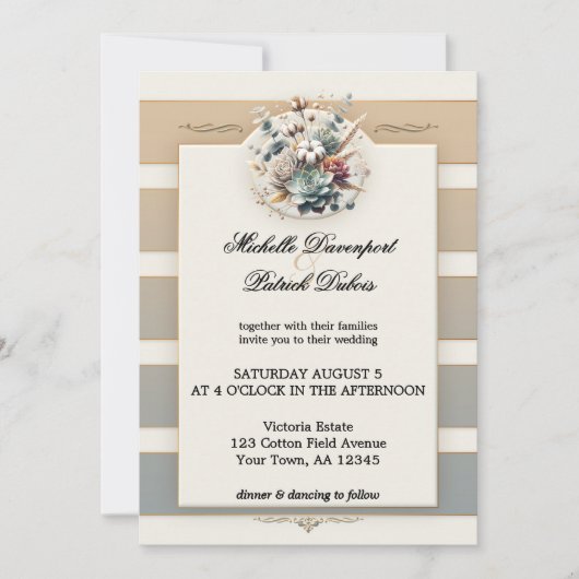 Earth Tone ストライプのフローラ結婚写真 招待状 (正面)