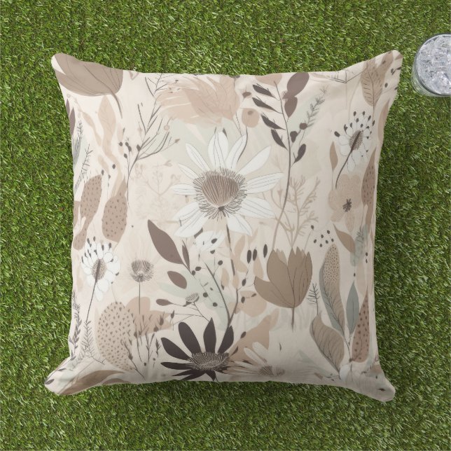 Earth Tone Floral Brown Cream Sage Throw Pillow  アウトドアクッション (芝生)