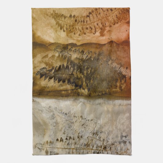 Earthtoneの水彩画-ブラウンの暖かい地球はシダにある調子を与えます キッチンタオル (縦)