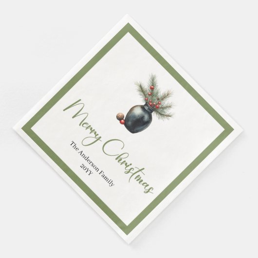 Earthy Boho Watercolor Pine Wreath Holiday Napkins (コーナー)