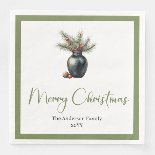 Earthy Boho Watercolor Pine Wreath Holiday Napkins (正面)