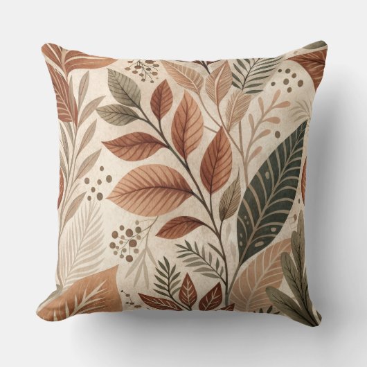 Earthy Botanical Leaf Throw Pillow クッション (正面)