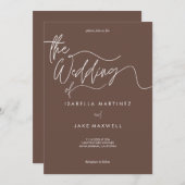 Earthy Brown & White Elegant Script Wedding 招待状 (正面/裏面)