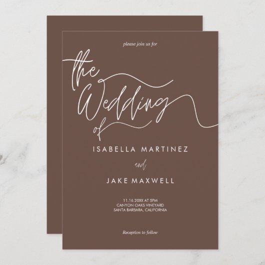 Earthy Brown & White Elegant Script Wedding 招待状 (正面/裏面)