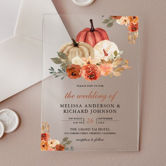 Earthy Burnt Orange Floral Pumpkin Wedding アクリル招待状