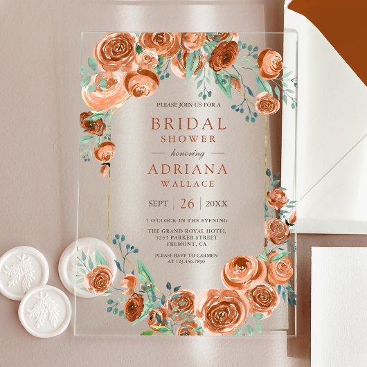 Earthy Burnt Orange Roses Floral Bridal Shower アクリル招待状