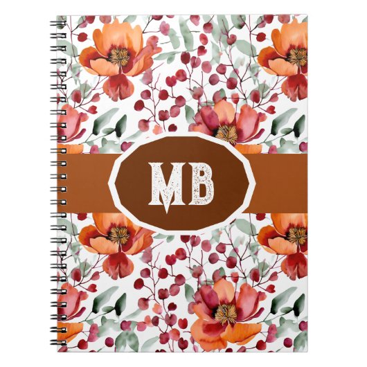 Earthy Colors, Fall Flowers Monogrammed ノートブック (正面)