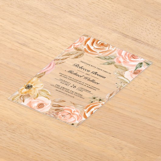 Earthy Floral Fall Autumn Wedding アクリル招待状 (レイダウン)