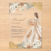 Earthy Floral Gold Lace Gown Dress Bridal Shower アクリル招待状 (正面)