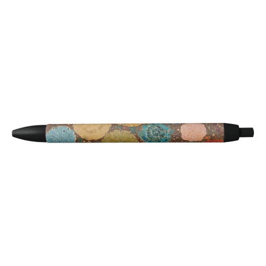 Earthy Floral Mosaic Pattern Pen 黒ボールペン (正面)
