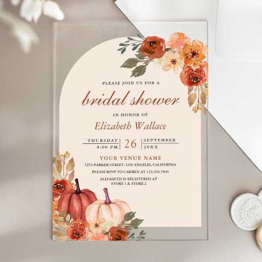 Earthy Floral Terracotta Pumpkin Bridal Shower アクリル招待状