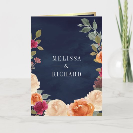 Earthy Floral Wreath QR Code Navy Blue Wedding 招待状 (正面)