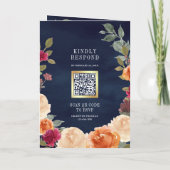 Earthy Floral Wreath QR Code Navy Blue Wedding 招待状 (裏面)
