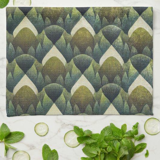 Earthy Green Art Deco Fan Pattern (5) キッチンタオル (折り畳み)